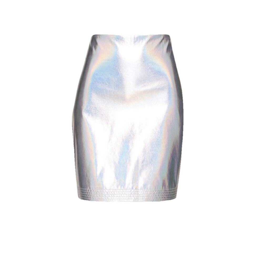 Worth NWT Metallic Silver Pencil Skirt Sz 6 Knee Length Iridescent Faux Leather